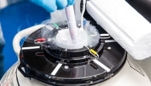 a frozen glass vial being taken out of a cryo-storage container called a dewar. The opening of the container is misty from the cold gas escaping.